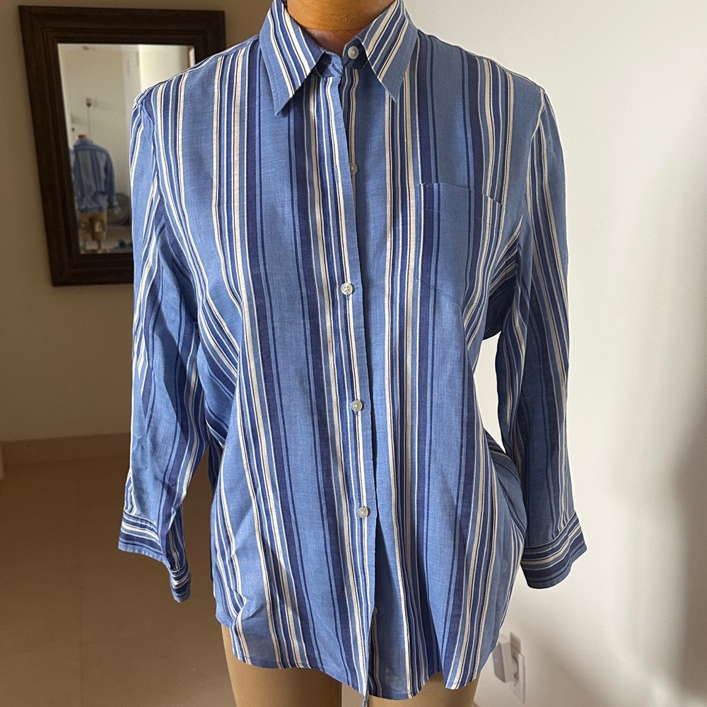 Lauren Ralph Lauren Blue, White & Navy Vertical Stripe Button-Up Blouse